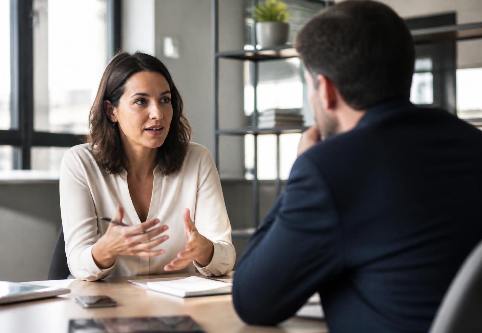 Two consultants in conversation across a table in a bright office